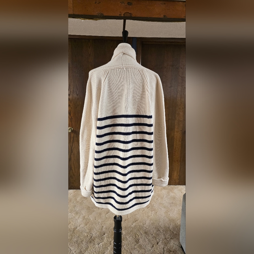 J. CREW Cream and Navy Shawl-Collar Striped Cardigan, Sz L - Picture 6 of 14